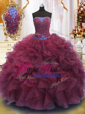 Chic Beading and Ruffles Quinceanera Gown Burgundy Lace Up Sleeveless Floor Length