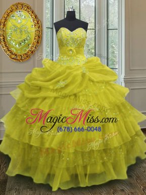 Romantic Sleeveless Floor Length Beading and Ruffled Layers and Pick Ups Lace Up Ball Gown Prom Dress with Yellow