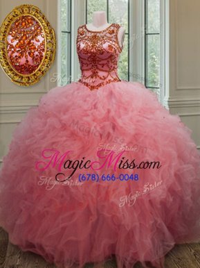 Unique Scoop Beading and Ruffles Quince Ball Gowns Pink Lace Up Sleeveless Floor Length