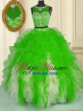 Super Scoop Sleeveless Tulle Floor Length Zipper 15th Birthday Dress in for with Beading and Ruffles