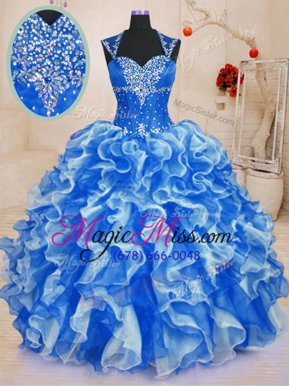 Super Sleeveless Floor Length Beading and Ruffles Lace Up Quinceanera Gowns with Royal Blue