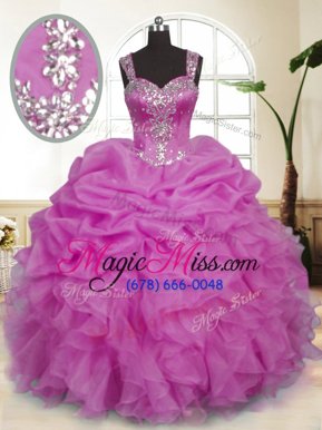 Chic Lilac Organza Zipper Sweet 16 Dresses Sleeveless Floor Length Beading and Ruffles and Pick Ups