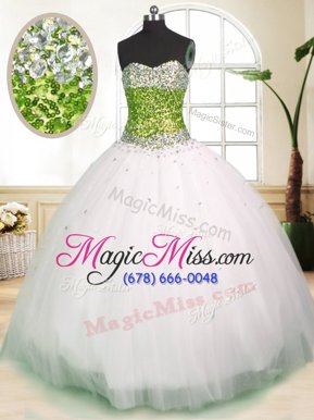 Stunning White Ball Gowns Beading Sweet 16 Quinceanera Dress Lace Up Tulle Sleeveless Floor Length