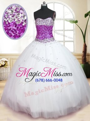 Luxury Tulle Sleeveless Floor Length 15th Birthday Dress and Beading