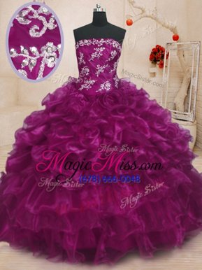 Flare Fuchsia Sleeveless Floor Length Beading and Appliques and Ruffles Lace Up Quince Ball Gowns