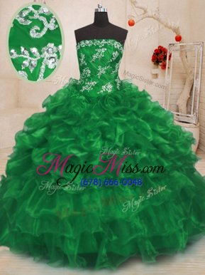High Quality Green Lace Up Strapless Beading and Appliques and Ruffles 15 Quinceanera Dress Organza Sleeveless