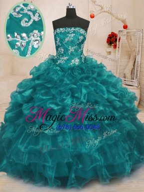 Exceptional Ball Gowns 15th Birthday Dress Turquoise Strapless Organza Sleeveless Floor Length Lace Up