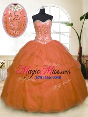 Noble Orange Ball Gowns Sweetheart Sleeveless Tulle Floor Length Zipper Sequins and Pick Ups Sweet 16 Dress