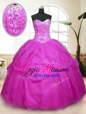 Sequins Pick Ups Fuchsia Sleeveless Tulle Lace Up 15th Birthday Dress for Military Ball and Sweet 16 and Quinceanera