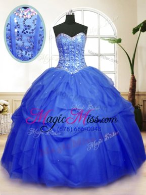 Hot Selling Sleeveless Tulle Floor Length Lace Up Sweet 16 Quinceanera Dress in Blue for with Sequins and Pick Ups