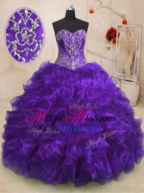 Affordable Purple Ball Gowns Beading and Ruffles Quince Ball Gowns Lace Up Organza Sleeveless With Train