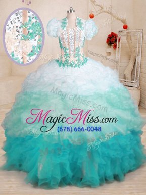Flare Multi-color Ball Gowns Organza Sweetheart Sleeveless Beading and Appliques and Ruffles With Train Lace Up Ball Gown Prom Dress Brush Train