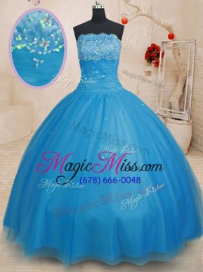 Dazzling Light Blue Ball Gowns Tulle Strapless Sleeveless Beading Floor Length Lace Up Vestidos de Quinceanera