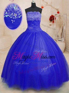 Modern Royal Blue Lace Up Quince Ball Gowns Beading Sleeveless Floor Length