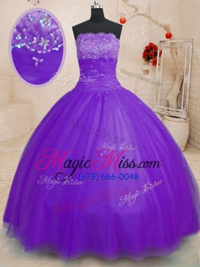 Dazzling Floor Length Lace Up Vestidos de Quinceanera Purple and In for Military Ball and Sweet 16 and Quinceanera with Beading