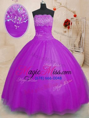 Glorious Purple Ball Gowns Beading Quinceanera Gowns Lace Up Tulle Sleeveless Floor Length