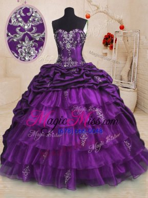 Top Selling Purple Ball Gowns Sweetheart Sleeveless Organza and Taffeta With Train Sweep Train Lace Up Beading and Appliques and Ruffled Layers and Pick Ups Quinceanera Gowns