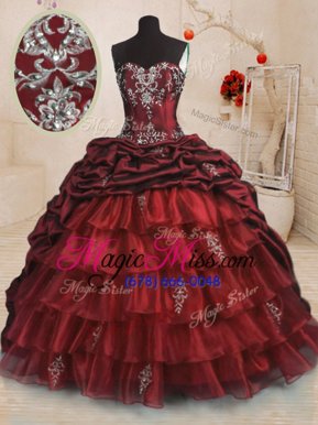 Smart Organza and Taffeta Sweetheart Sleeveless Sweep Train Lace Up Beading and Appliques and Ruffled Layers and Pick Ups Sweet 16 Quinceanera Dress in Wine Red