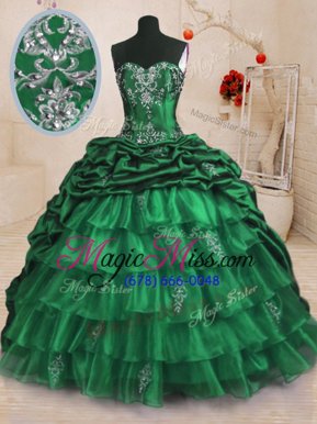 Graceful Dark Green Ball Gowns Beading and Appliques and Ruffled Layers and Pick Ups Sweet 16 Dresses Lace Up Organza and Taffeta Sleeveless With Train