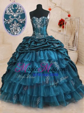 Sweet Pick Ups Ruffled Sweep Train Ball Gowns 15th Birthday Dress Teal Sweetheart Organza and Taffeta Sleeveless With Train Lace Up