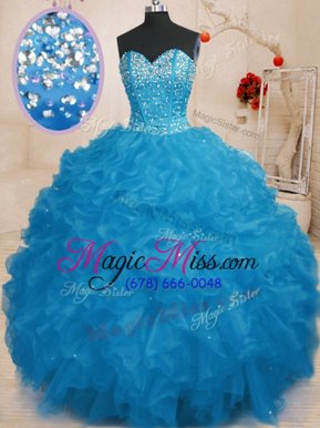 Exquisite Floor Length Lace Up Quinceanera Gowns Blue and In for Military Ball and Sweet 16 and Quinceanera with Beading and Ruffles