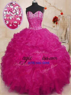 Customized Fuchsia Organza Lace Up Quinceanera Gown Sleeveless Floor Length Beading and Ruffles