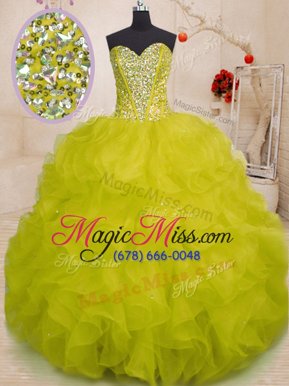 Sweet Yellow Green Ball Gowns Sweetheart Sleeveless Organza Floor Length Lace Up Beading and Ruffles Quinceanera Gown