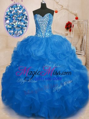 Free and Easy Blue Ball Gowns Beading and Ruffles Quinceanera Dress Lace Up Organza Sleeveless Floor Length