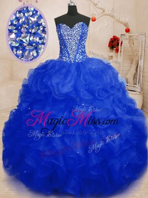 Glittering Sleeveless Organza Floor Length Lace Up Quinceanera Gown in Royal Blue for with Beading and Ruffles