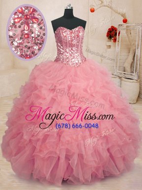 Nice Baby Pink Lace Up Quinceanera Dress Beading and Ruffles Sleeveless Floor Length