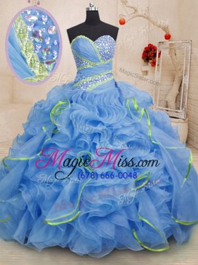 Fantastic Light Blue Sleeveless Organza Brush Train Lace Up Ball Gown Prom Dress for Military Ball and Sweet 16 and Quinceanera