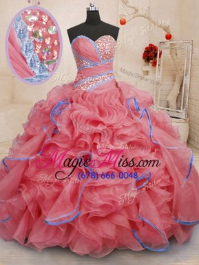 Cheap With Train Lace Up Quinceanera Dress Coral Red and In for Military Ball and Sweet 16 and Quinceanera with Beading and Ruffles Brush Train