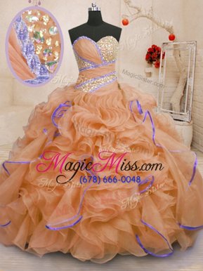 Modern Sleeveless Brush Train Lace Up With Train Beading and Ruffles Quinceanera Gown