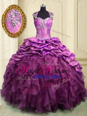 Excellent Cap Sleeves With Train Beading and Ruffles and Ruffled Layers and Pick Ups Lace Up Ball Gown Prom Dress with Lilac Brush Train