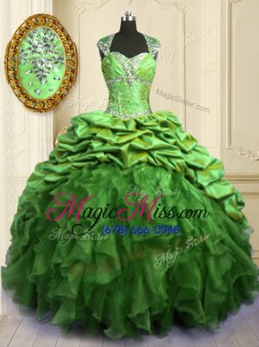 Decent Ball Gowns Beading and Ruffles and Pick Ups 15th Birthday Dress Lace Up Organza and Taffeta Cap Sleeves Floor Length