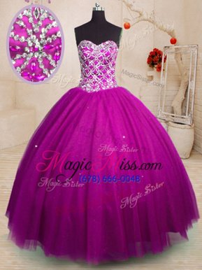 Dynamic Sweetheart Sleeveless 15th Birthday Dress Floor Length Beading Fuchsia Tulle