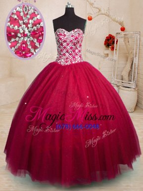 Pretty Red Tulle Lace Up Ball Gown Prom Dress Sleeveless Floor Length Beading