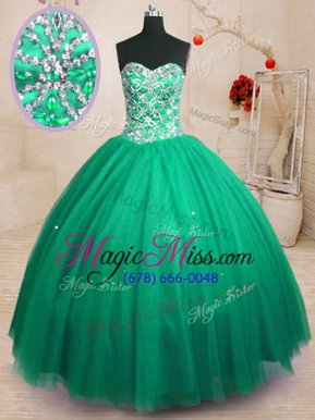 Best Selling Dark Green Tulle Lace Up Quinceanera Dresses Sleeveless Floor Length Beading