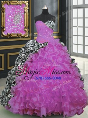 Pretty Printed Sleeveless Brush Train Lace Up With Train Beading and Ruffles and Pattern Ball Gown Prom Dress
