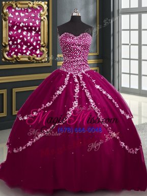 Classical Burgundy and Fuchsia Sleeveless Tulle Brush Train Lace Up Sweet 16 Dress for Military Ball and Sweet 16 and Quinceanera