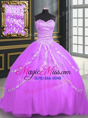 Traditional With Train Lilac Quinceanera Gowns Tulle Brush Train Sleeveless Beading and Appliques