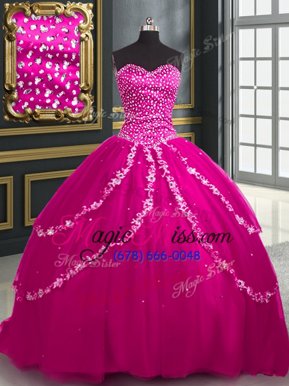 Hot Selling Brush Train Ball Gowns Quince Ball Gowns Fuchsia Sweetheart Tulle Sleeveless With Train Lace Up