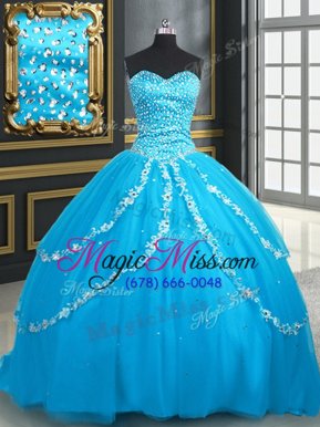 Deluxe Sleeveless Tulle With Brush Train Lace Up Sweet 16 Dress in Baby Blue for with Beading and Appliques