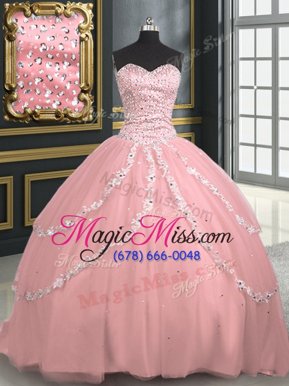 Custom Design Beading and Appliques Sweet 16 Dresses Pink Lace Up Sleeveless With Brush Train