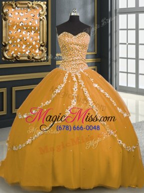 Flare Sweetheart Sleeveless Tulle Quinceanera Dresses Beading and Appliques Brush Train Lace Up