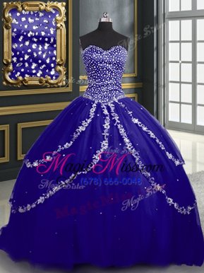 Stunning With Train Lace Up Quinceanera Gown Blue and In for Military Ball and Sweet 16 and Quinceanera with Beading and Appliques Brush Train