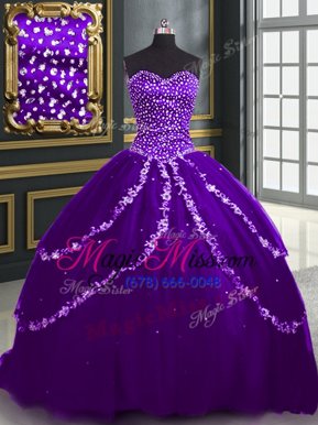 Decent Purple Sweetheart Lace Up Beading and Appliques Sweet 16 Dresses Brush Train Sleeveless