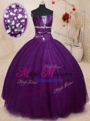 Eye-catching Eggplant Purple Ball Gowns Tulle Strapless Sleeveless Beading Floor Length Lace Up 15 Quinceanera Dress
