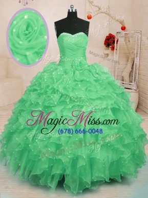Stunning Green Sweetheart Neckline Beading and Ruffles and Hand Made Flower Quinceanera Dresses Sleeveless Lace Up