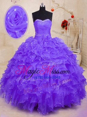 Flirting Purple Lace Up 15 Quinceanera Dress Beading and Ruffles and Hand Made Flower Sleeveless Floor Length